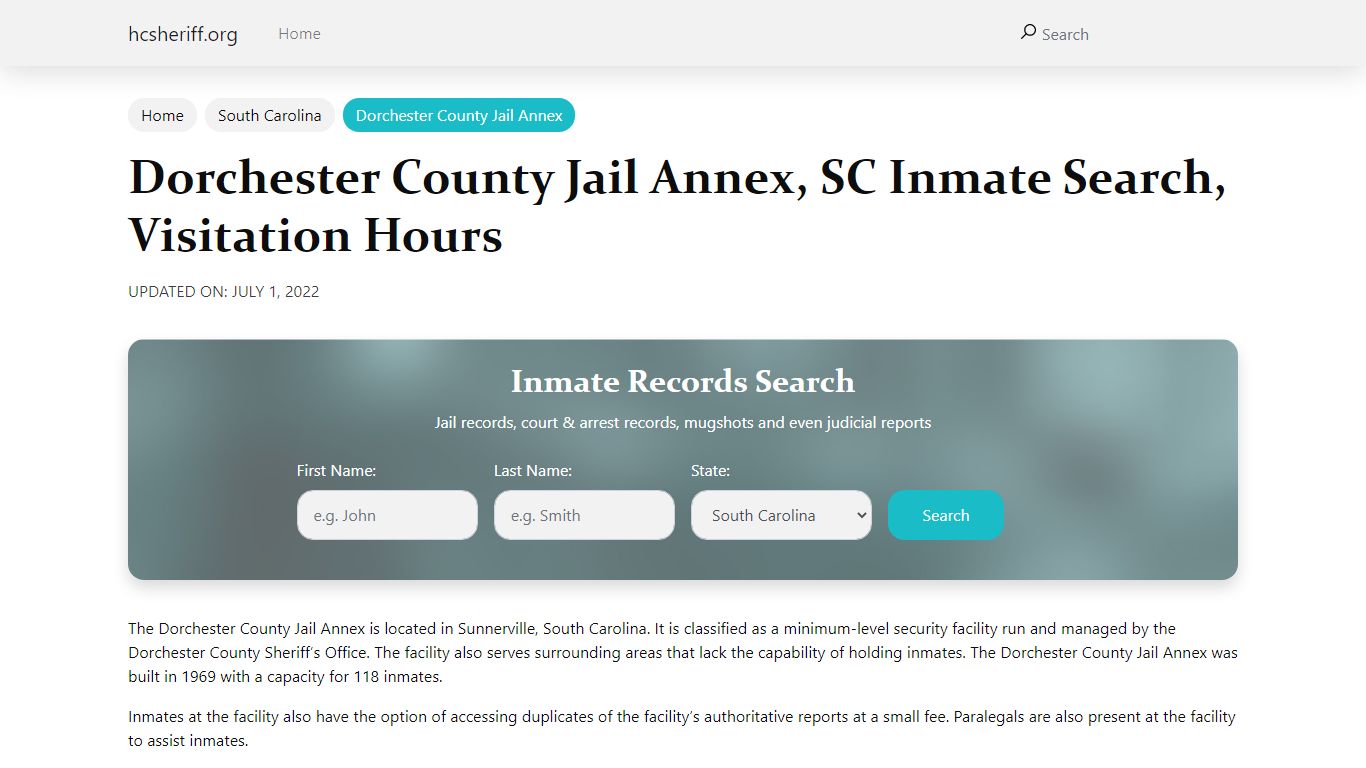 Dorchester County Jail Annex, SC Inmate Search, Visitation ...